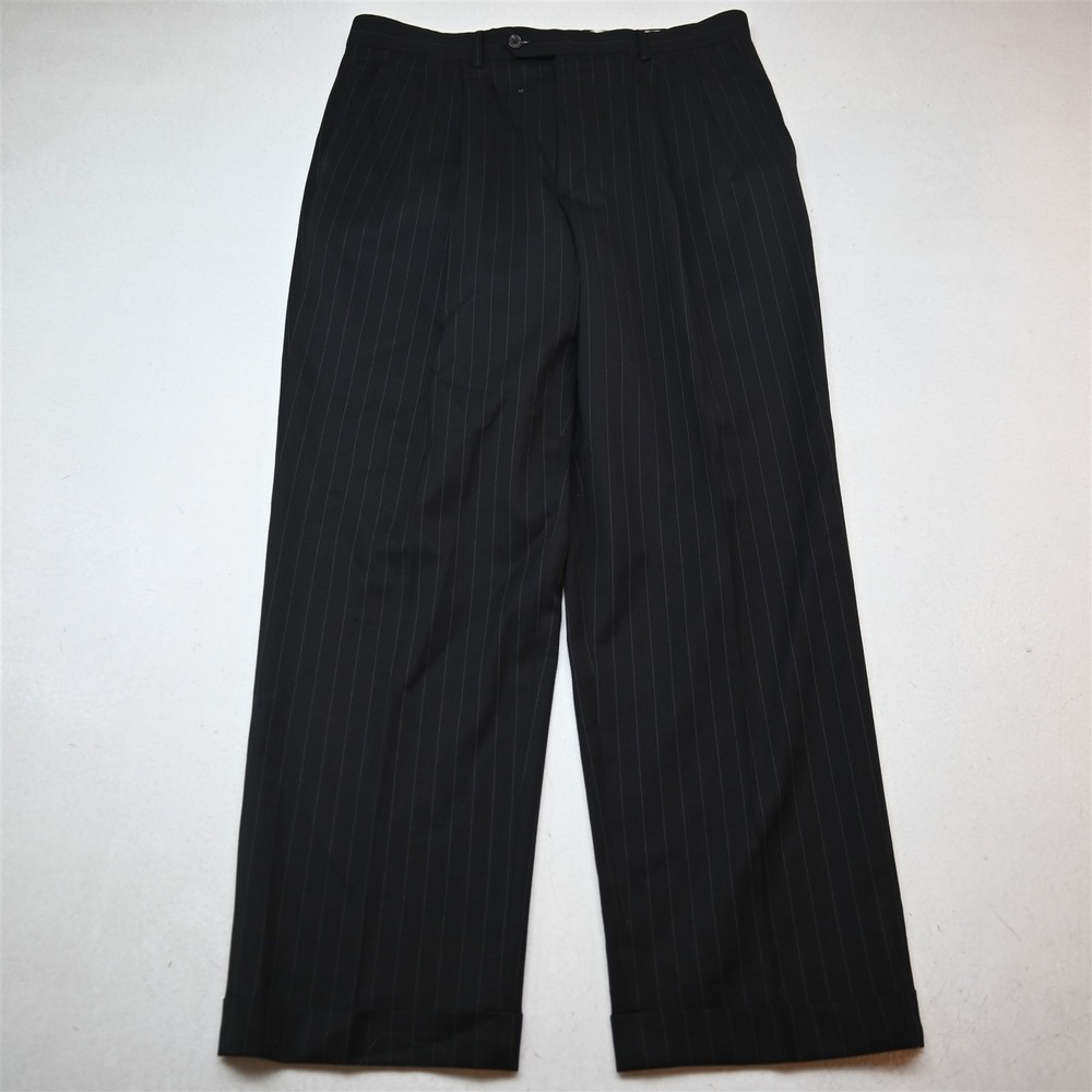 Chaps Ralph Lauren 34x30 Black Chalk Striped 100% Wool Pleated Cuffed Pants